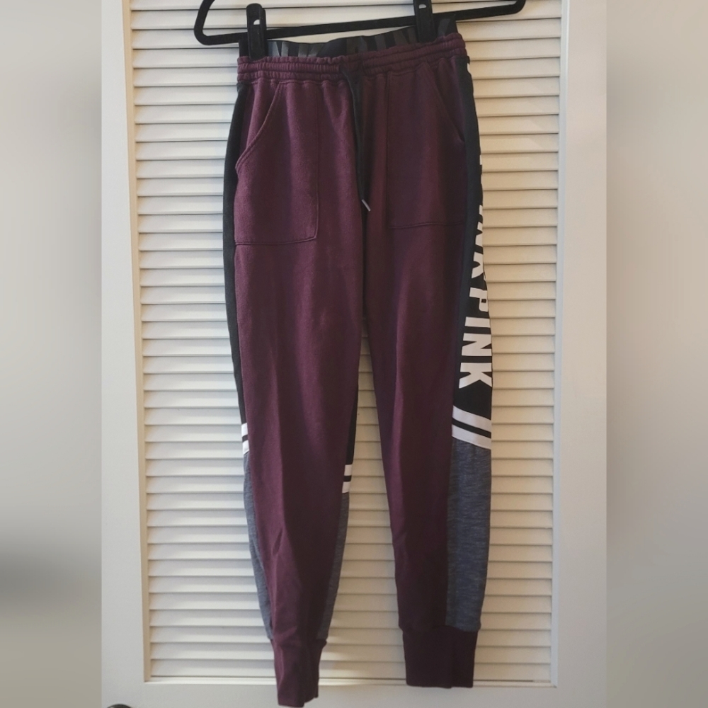 Pink Victoria' Secret- Burgundy/Black/White Jogger Pants W Pockets & Drawstring
